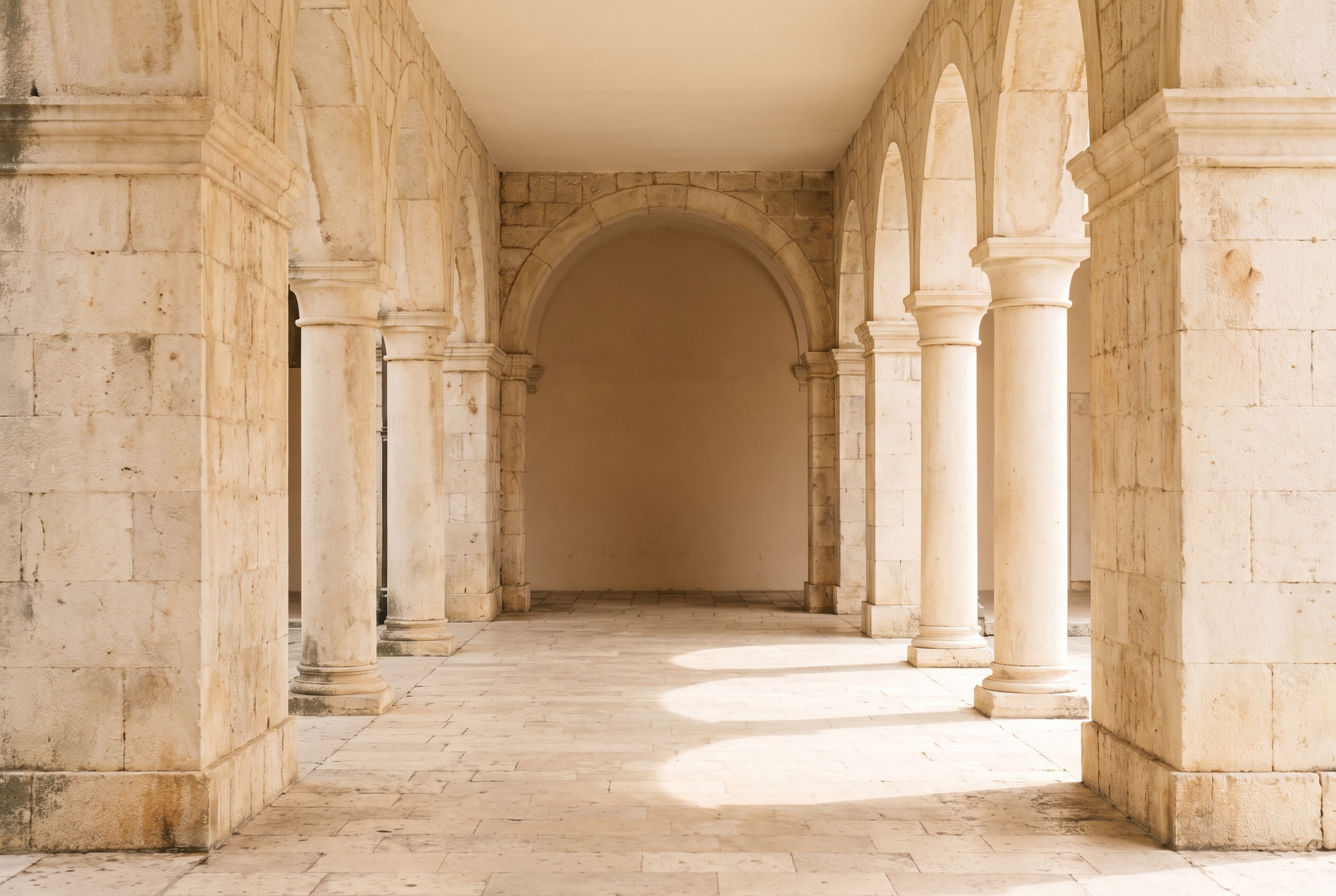 A stone arcade in warm Croatian limestone, Adriatic daylight across the floor