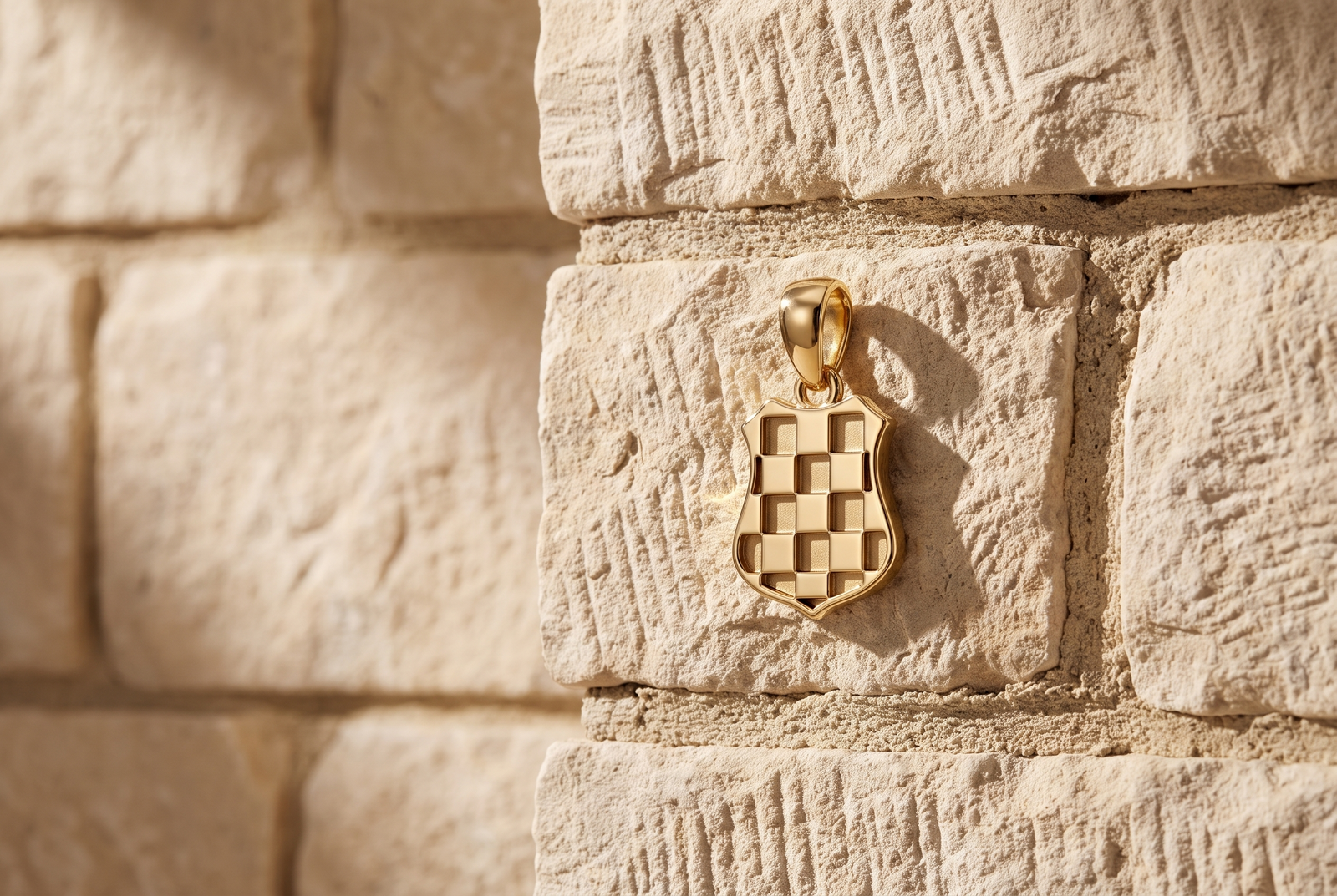 Gold GRB pendant against tooled limestone masonry