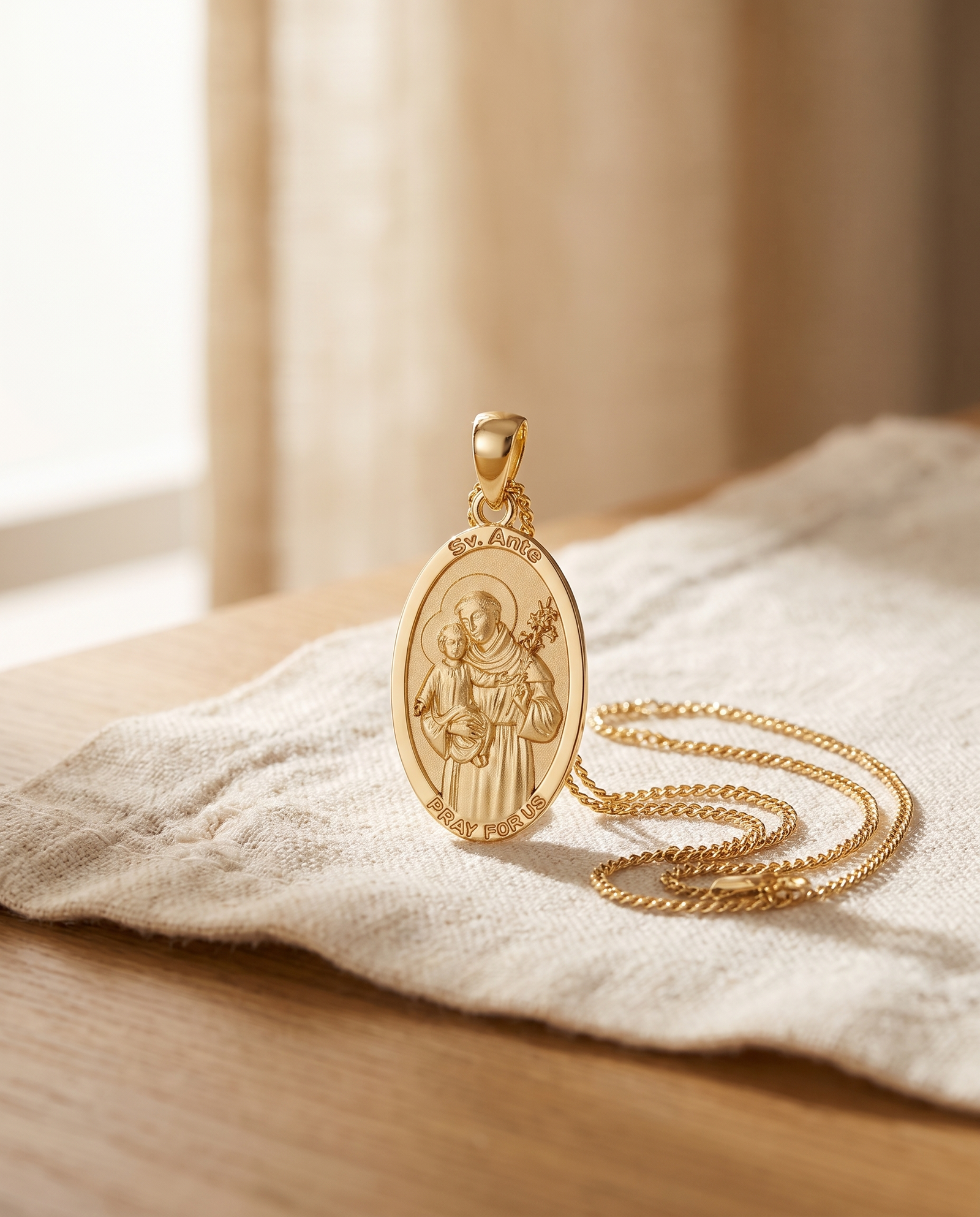 9ct Gold Sveti Ante medal and chain on ivory linen
