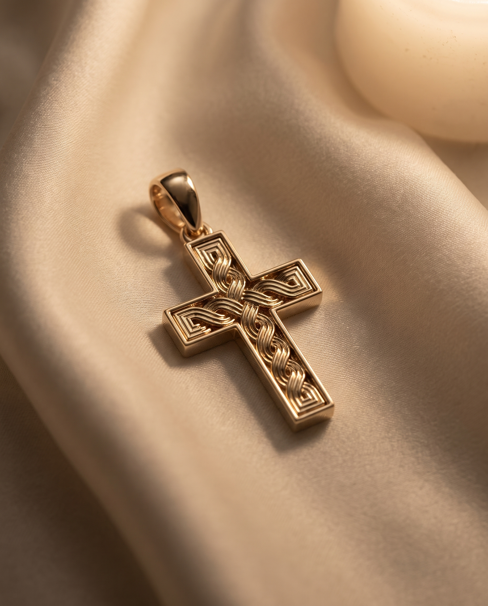 9ct Pleter Gold Cross on ivory silk