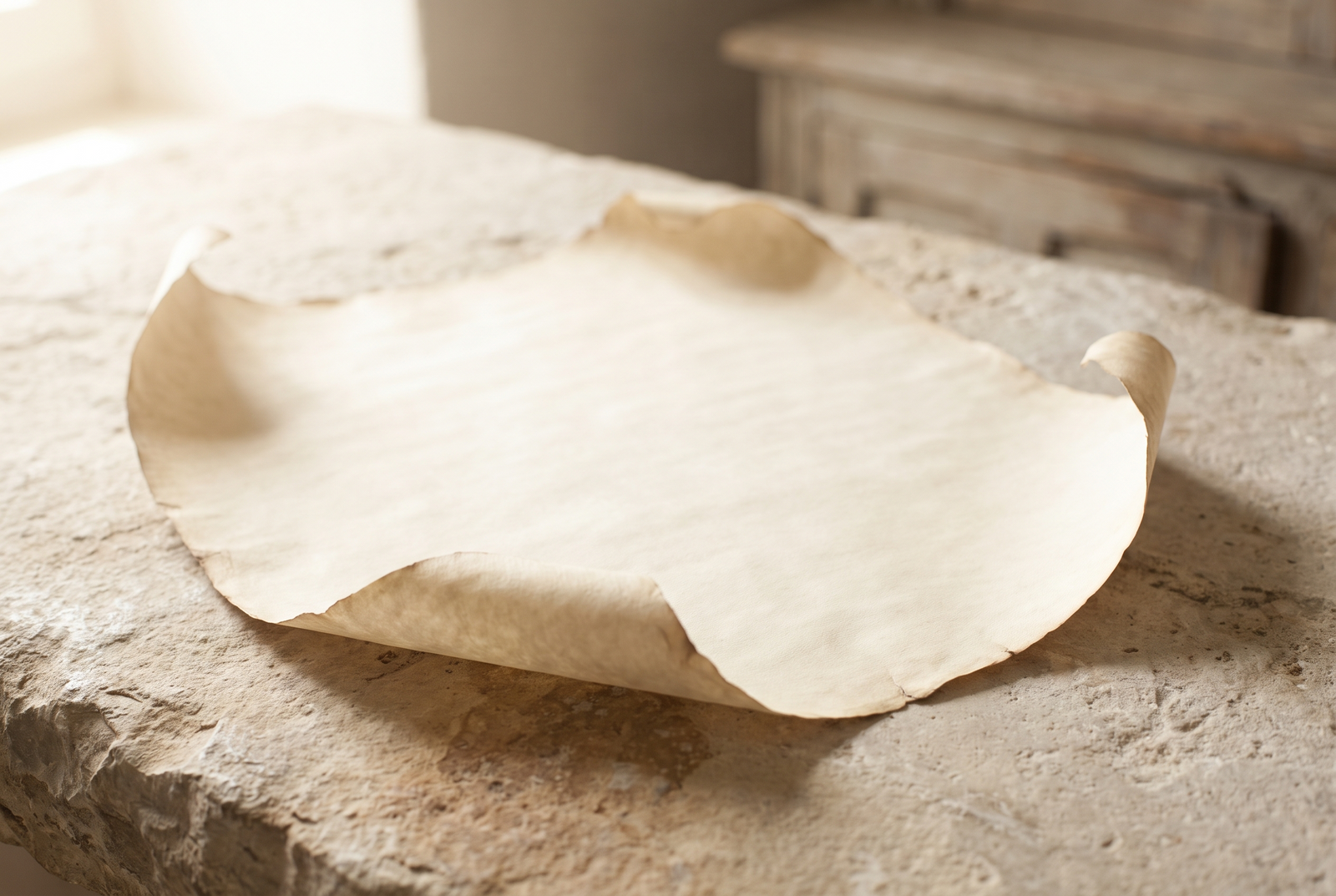 Blank aged vellum on a limestone slab