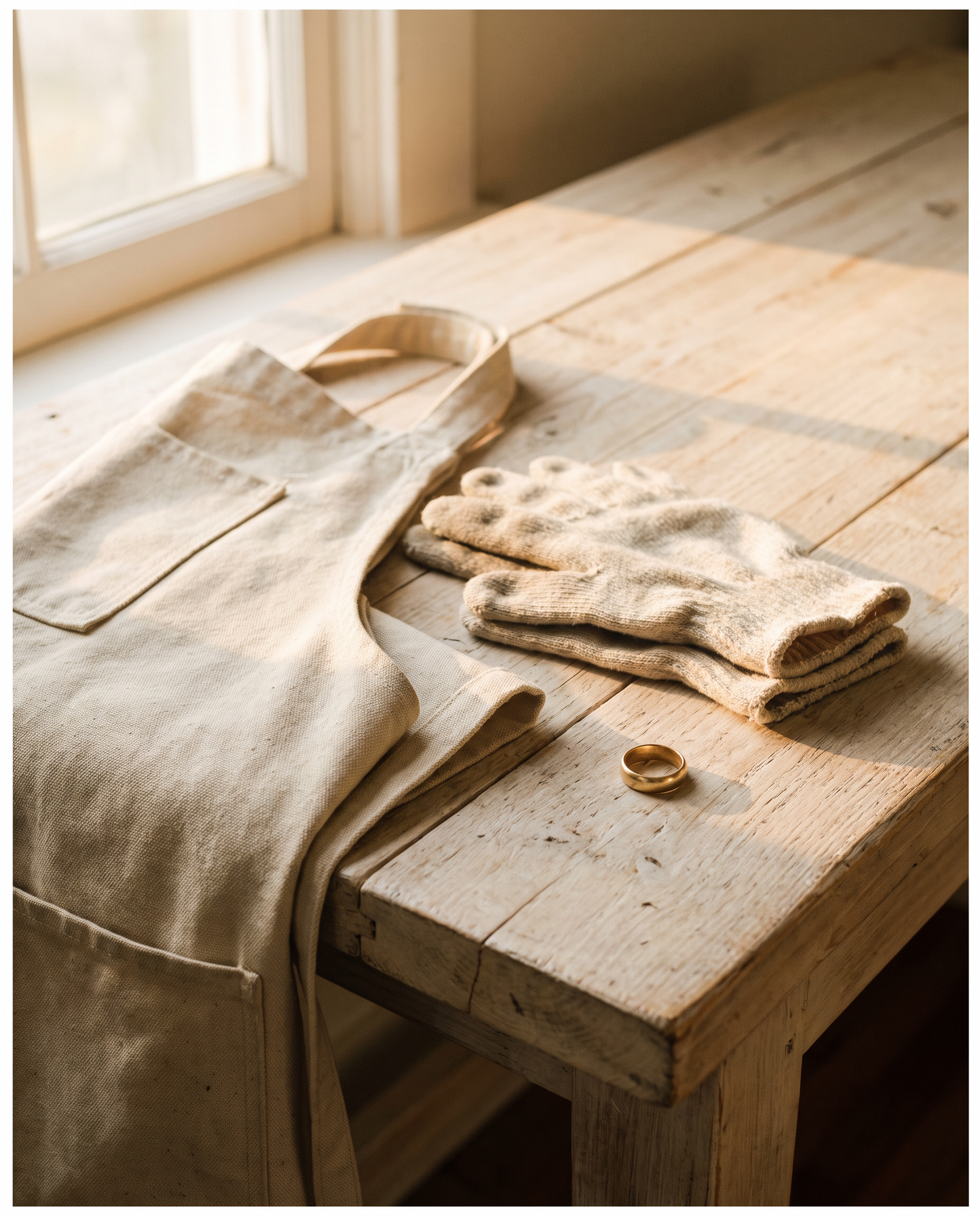 A folded work apron, worn gloves and a gold wedding band on a timber table