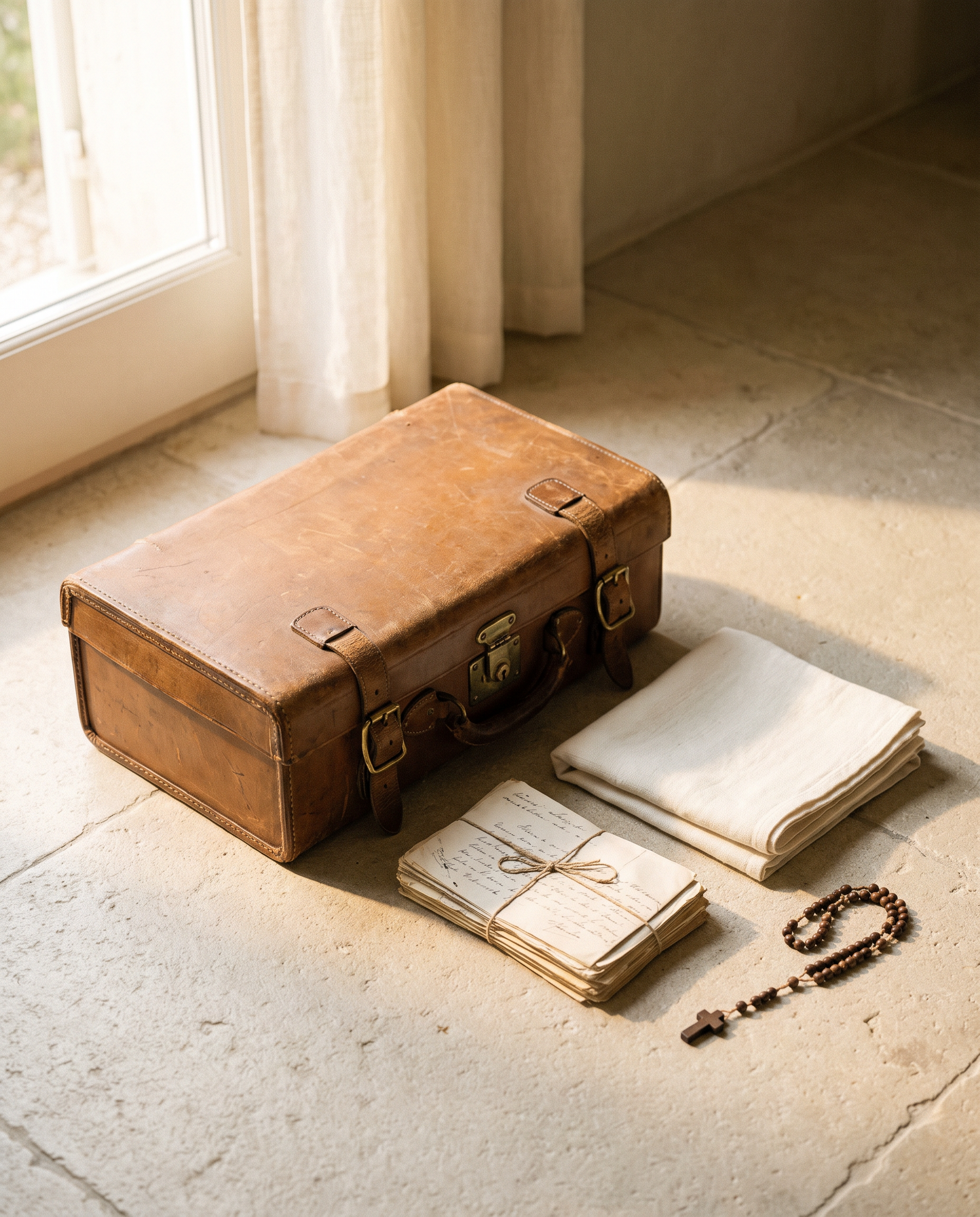 A worn travelling case, folded linen, old letters and a rosary in morning light