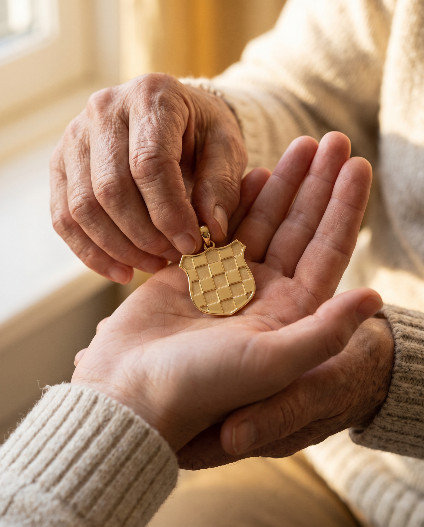 An older hand placing a gold GRB pendant into a younger open palm