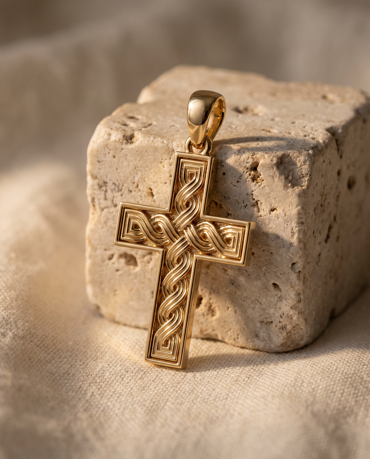 Gold cross with Croatian interlace detail, resting on limestone