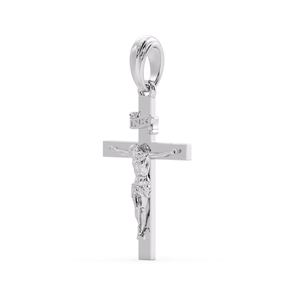Classic Crucifix pendant in white metal, angled view