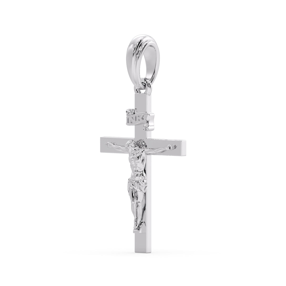 Classic Crucifix pendant in white metal, angled view