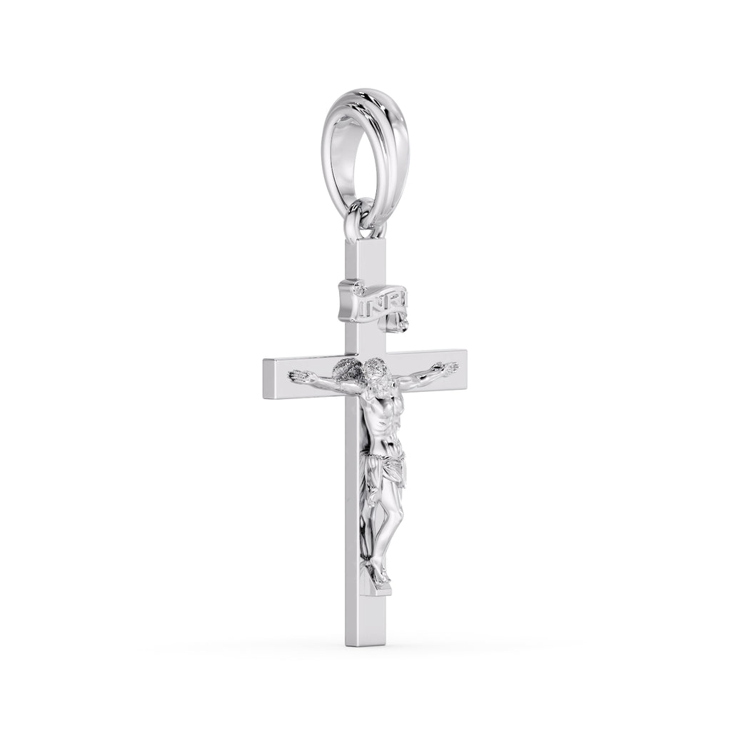 Classic Crucifix pendant in white metal, opposite angled view