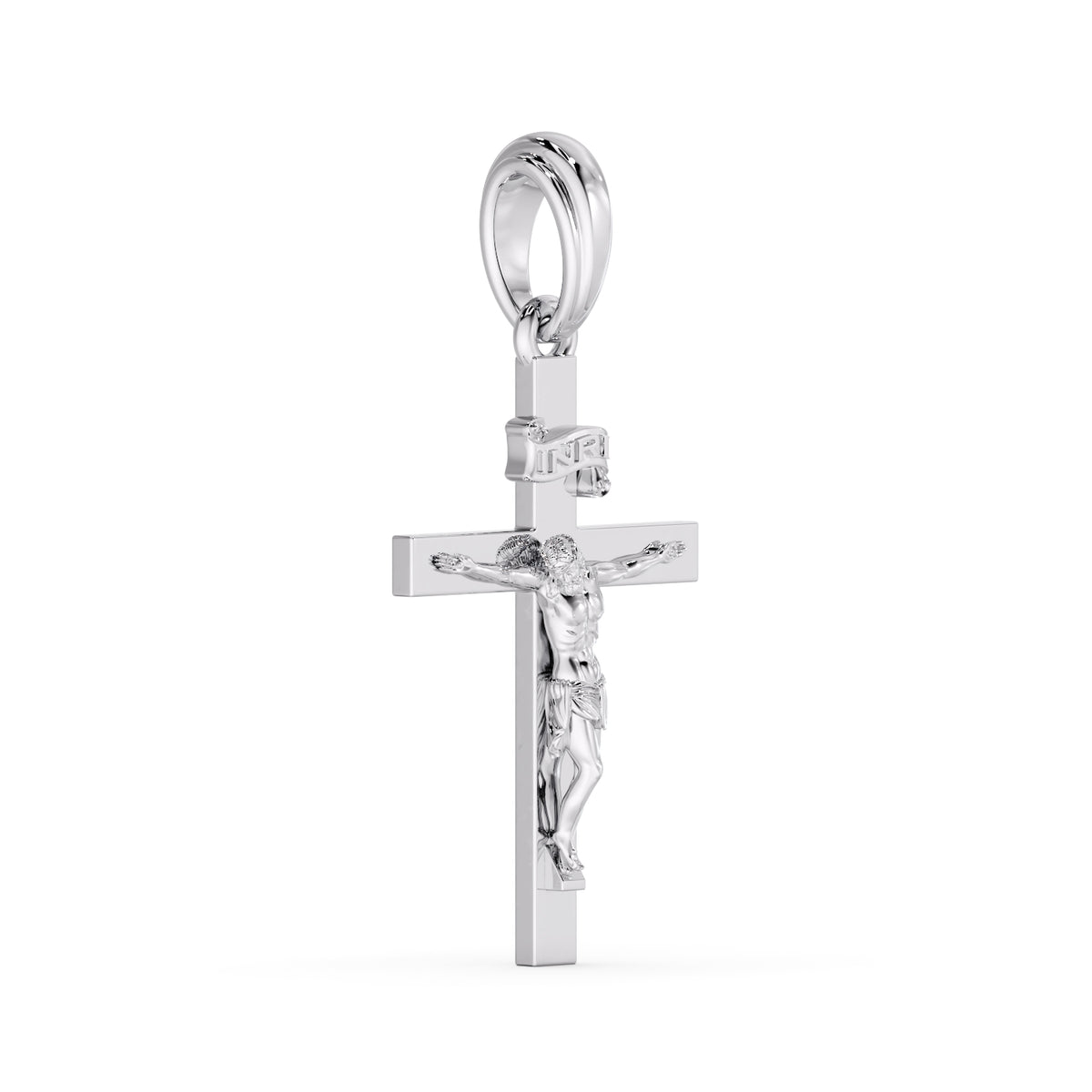 Classic Crucifix pendant in white metal, opposite angled view
