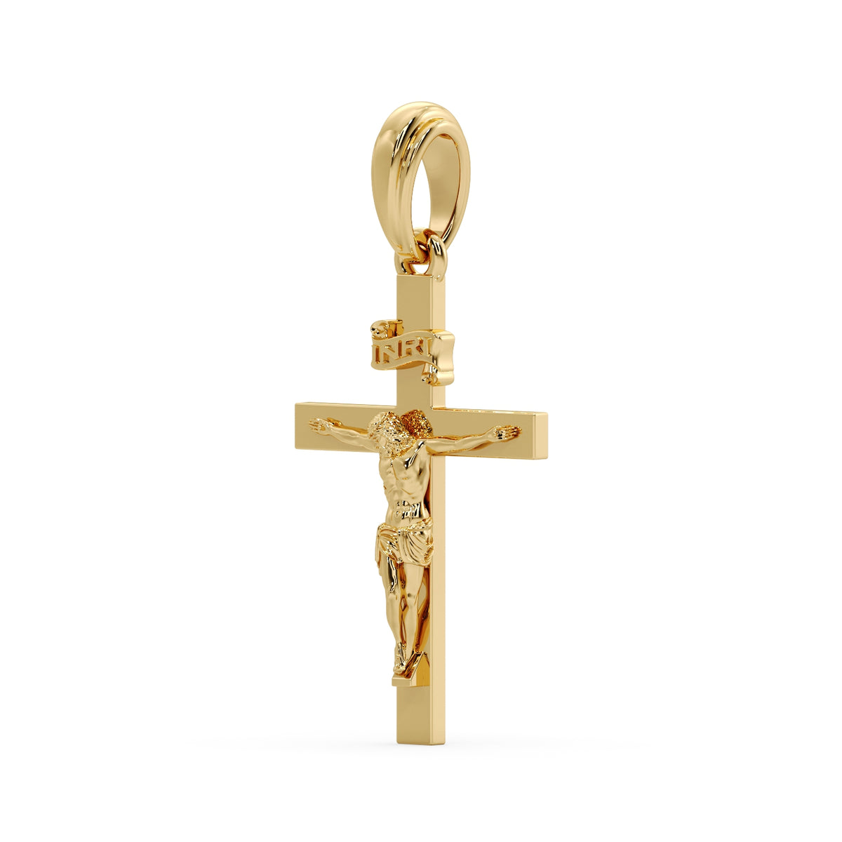 Classic Crucifix pendant in 9ct yellow gold, angled view