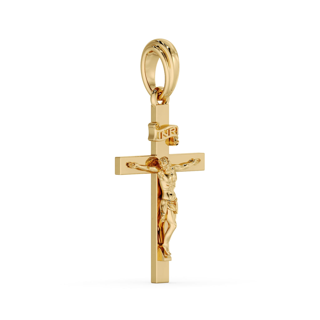 Classic Crucifix pendant in 9ct yellow gold, opposite angled view