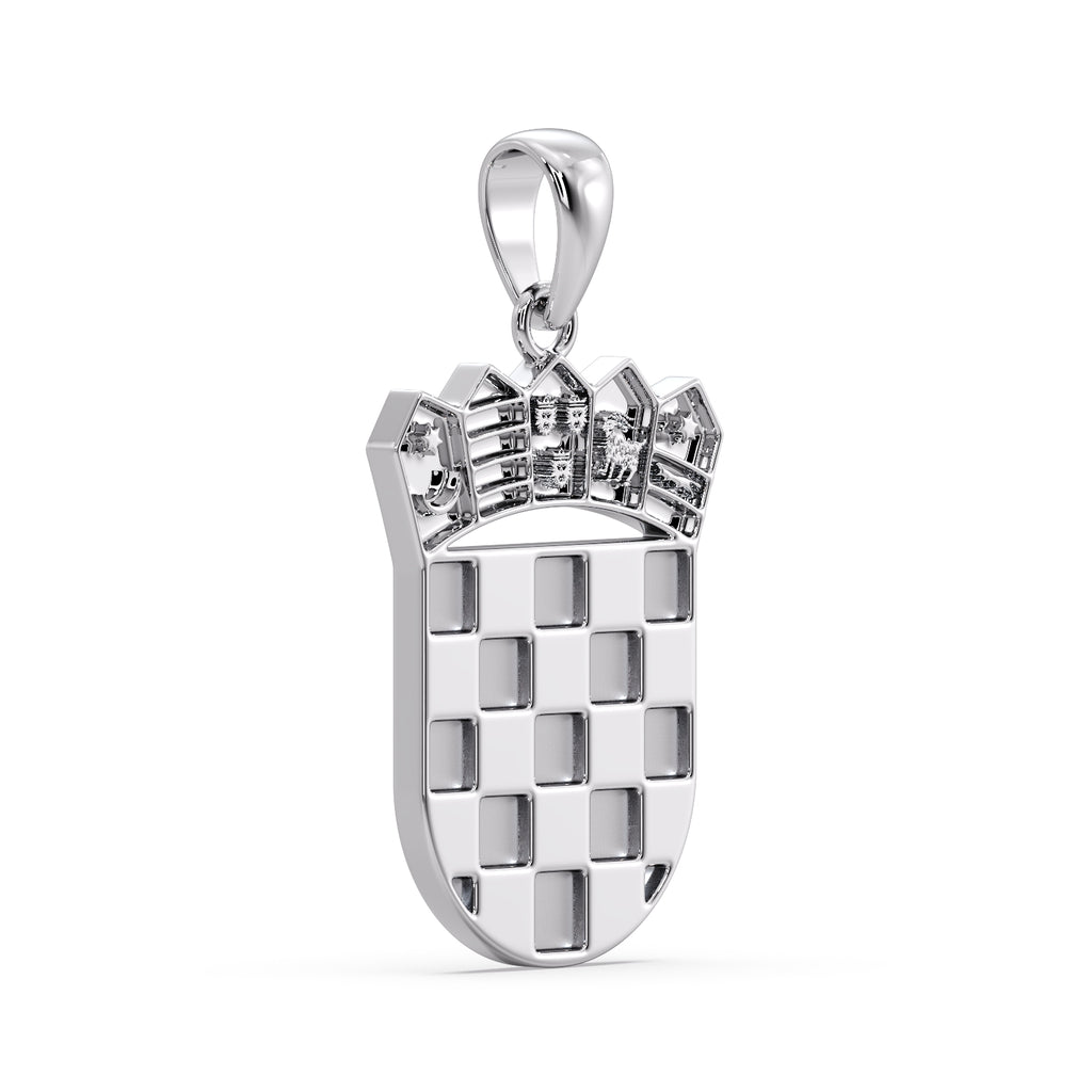 White gold Croatian coat of arms pendant angled to show the sahovnica chequerboard shield