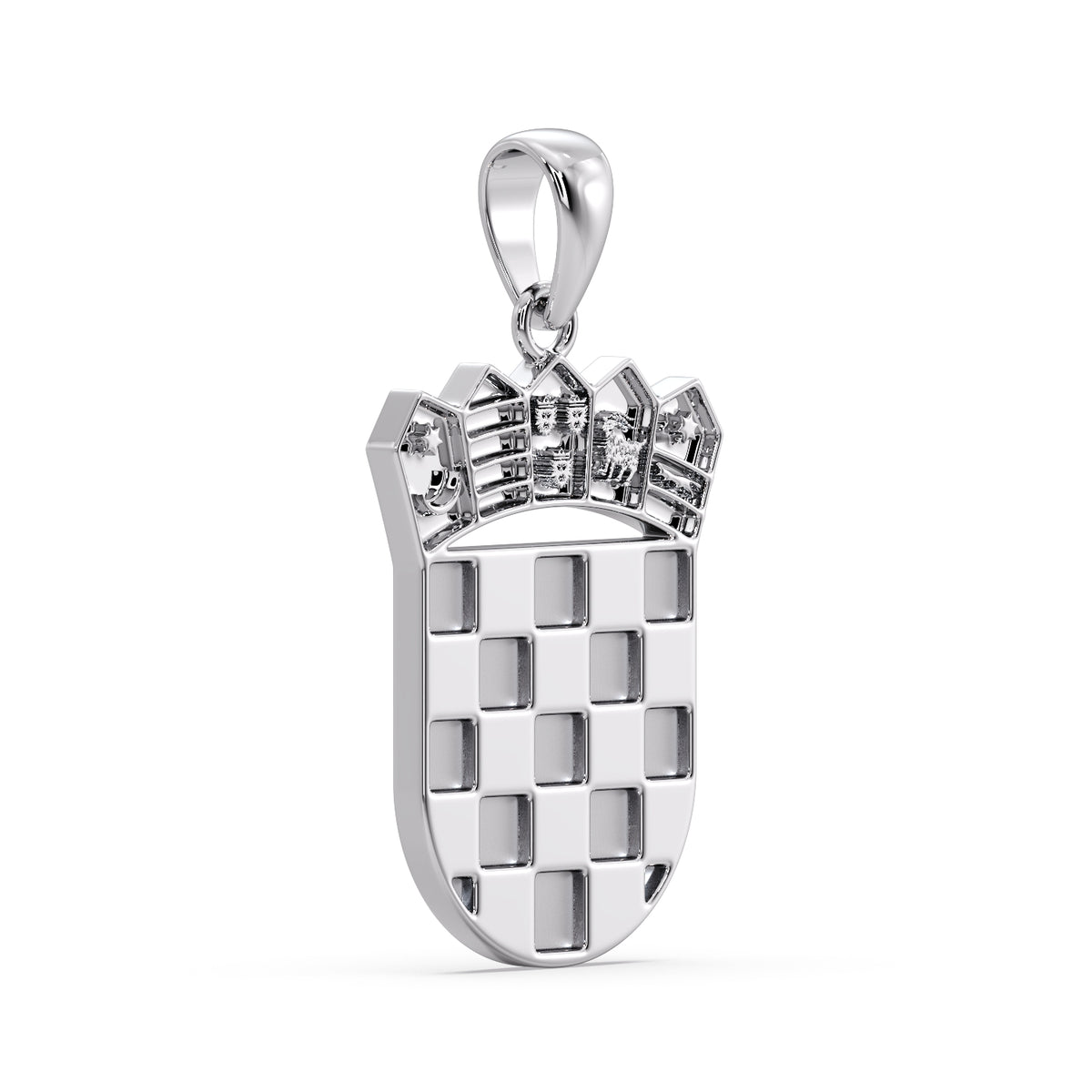 White gold Croatian coat of arms pendant angled to show the sahovnica chequerboard shield