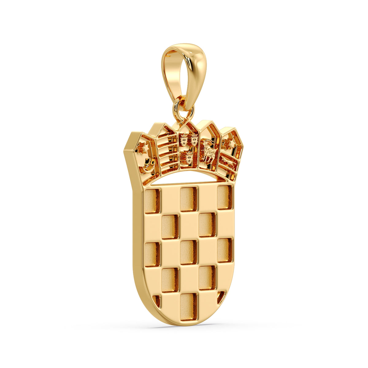Yellow gold Croatian coat of arms pendant angled to show the crown of five shields