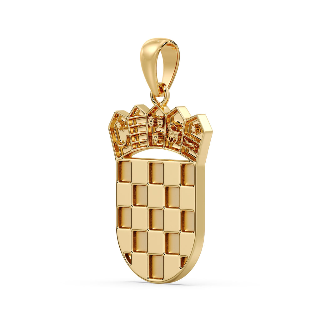 Croatian GRB pendant in yellow gold seen from the opposite angle, raised chequers catching the light