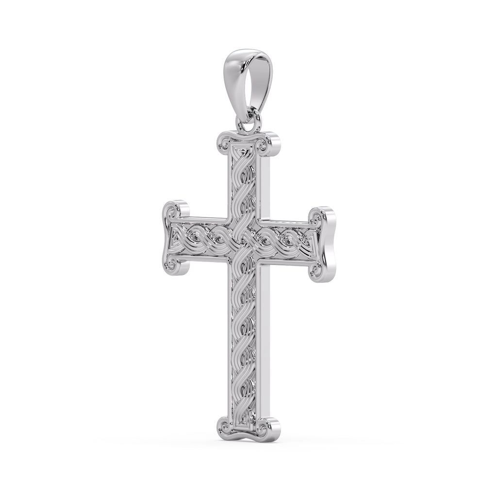 White gold Pleter cross pendant turned to show the raised braid and scrolled arm ends