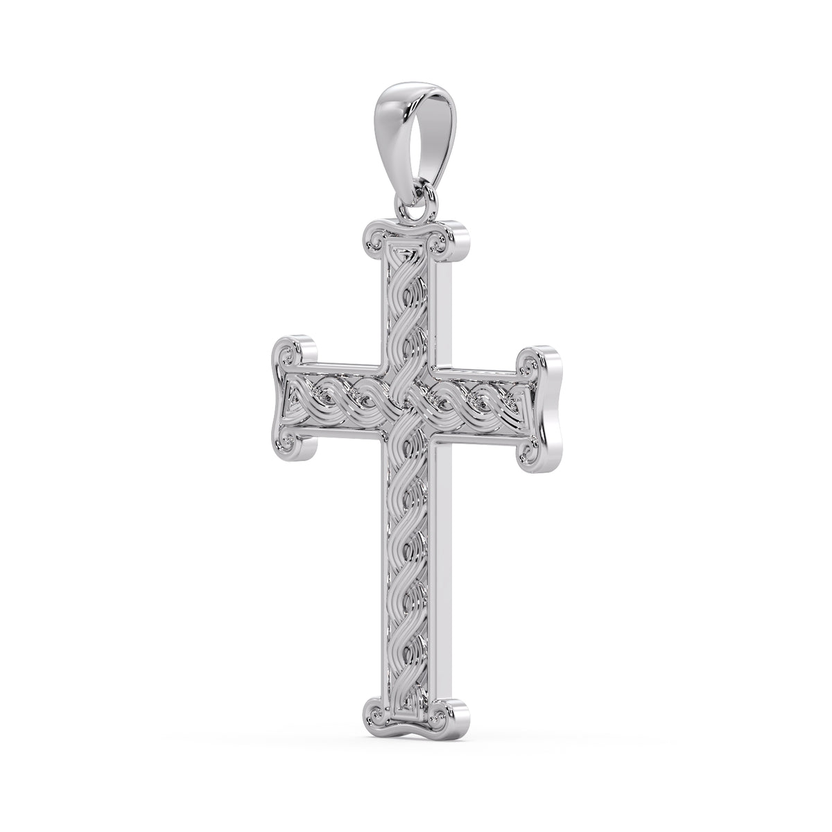 White gold Pleter cross pendant turned to show the raised braid and scrolled arm ends
