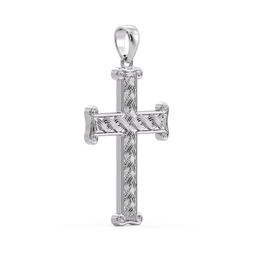 White gold Croatian cross pendant at an angle, interlace running the full length of the arms