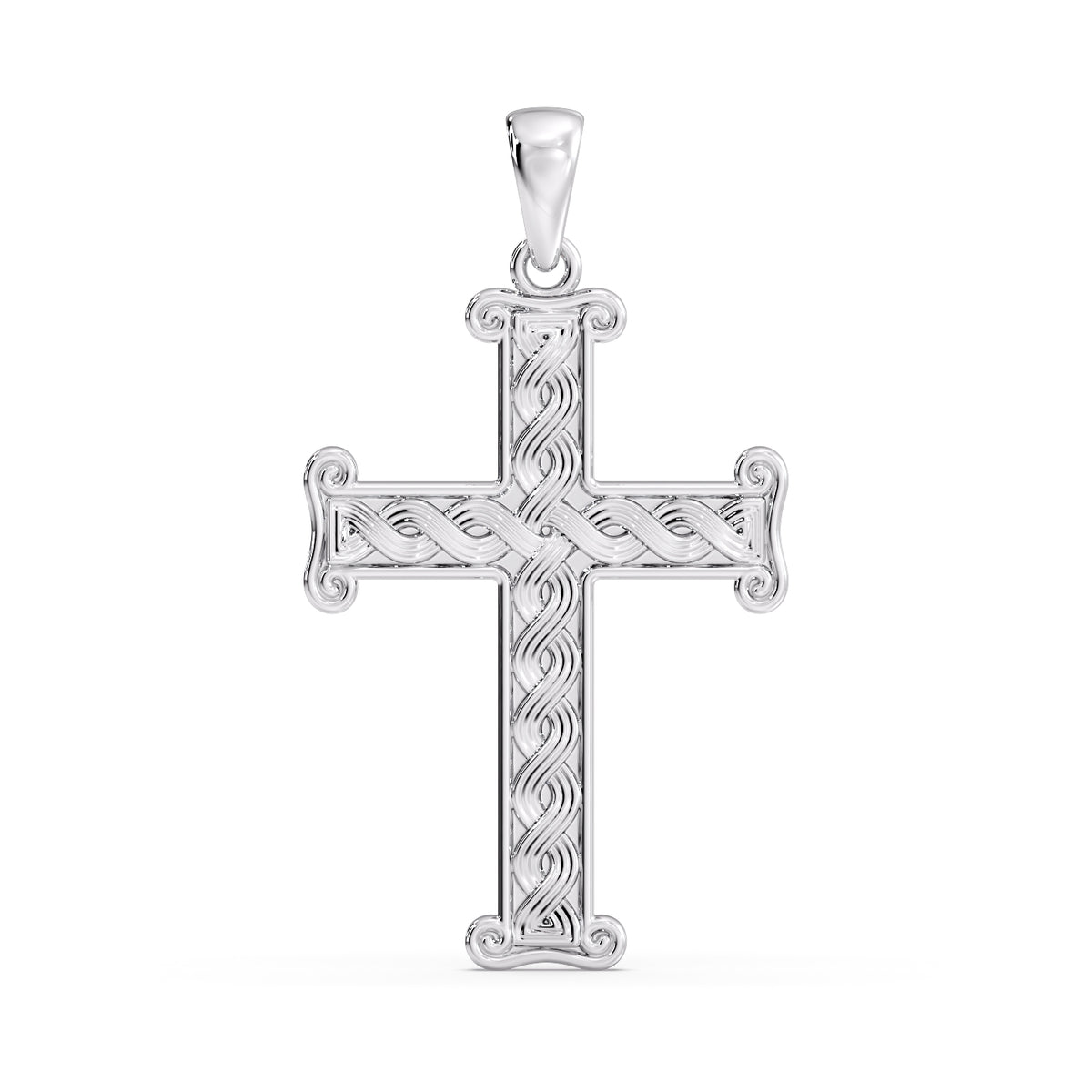 Croatian Pleter cross pendant in white gold, front view showing the woven interlace