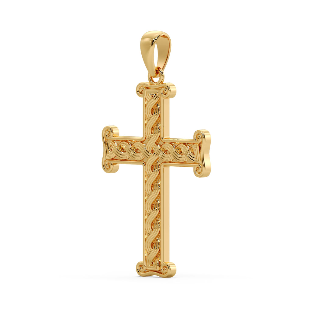 Yellow gold Pleter cross pendant turned to show the raised braid and scrolled arm ends