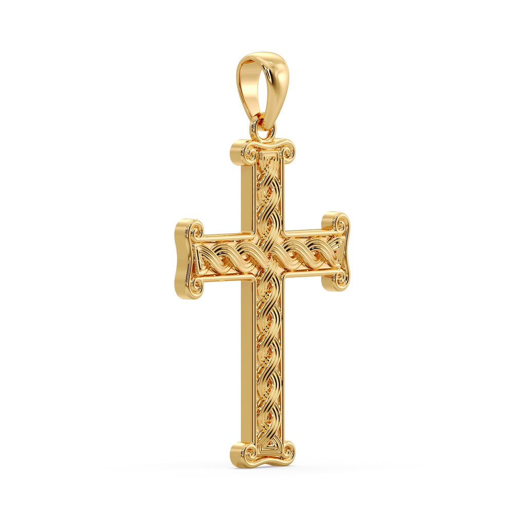 Yellow gold Croatian cross pendant at an angle, interlace running the full length of the arms