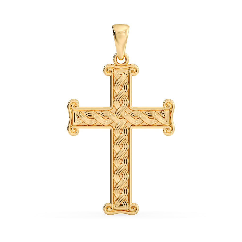 Croatian Pleter cross pendant in yellow gold, front view showing the woven interlace