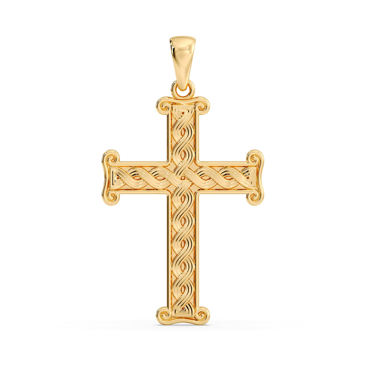 Croatian Pleter cross pendant in yellow gold, front view showing the woven interlace