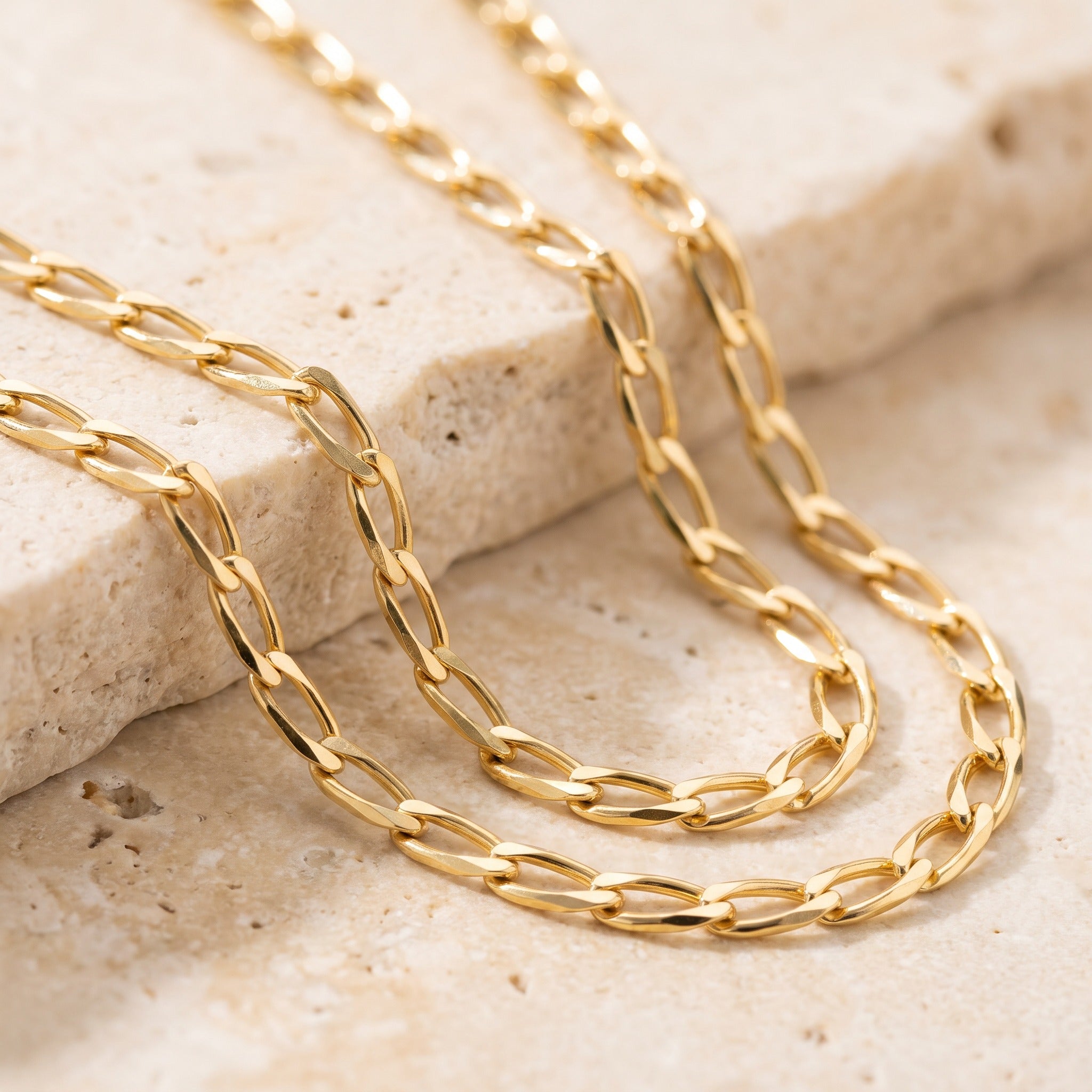 Diamond Cut Flat Curb Long Chain 3.56mm - Yellow Gold - luxury lifestyle image