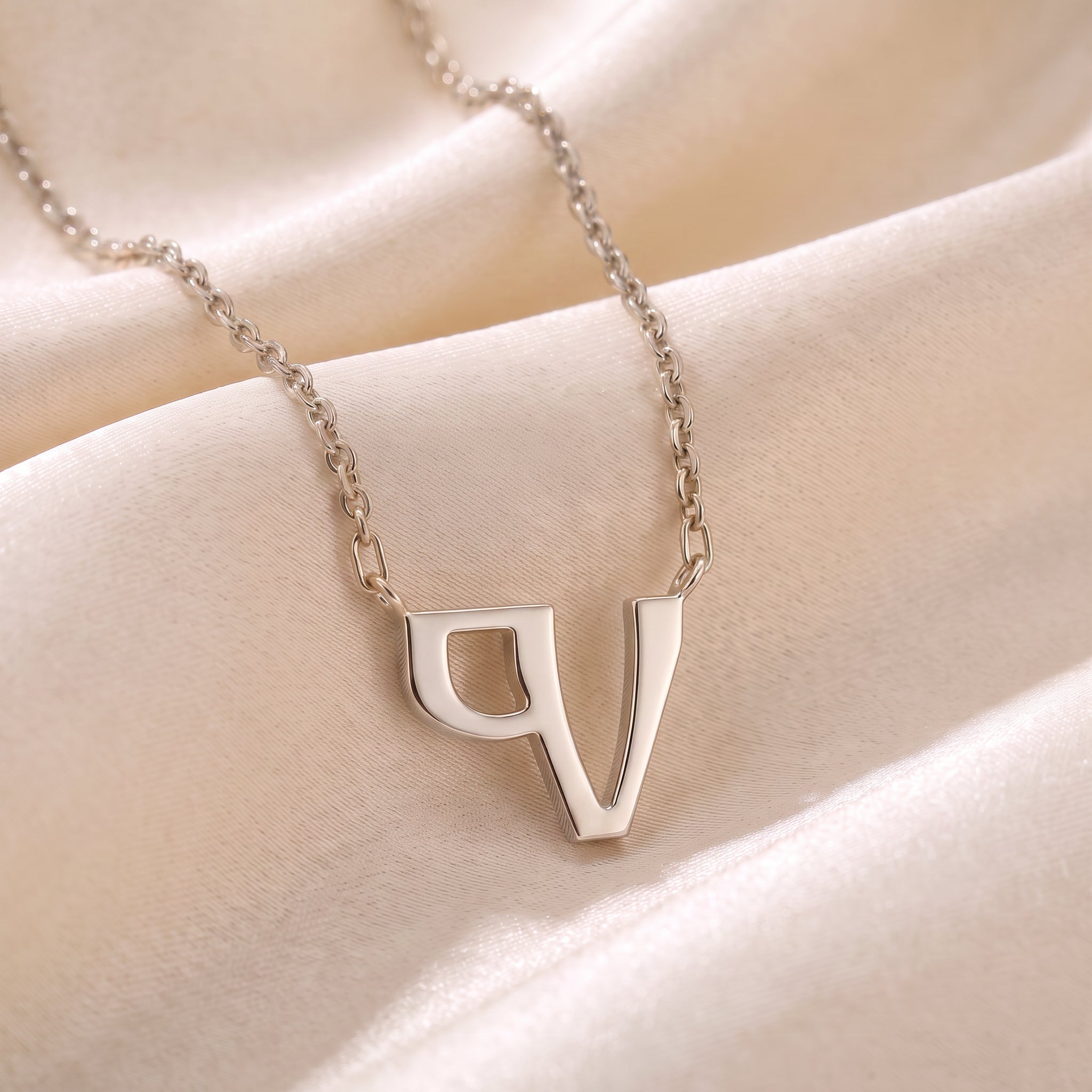 Glagolitic letter C (Ci) pendant necklace in 9ct white gold on silk