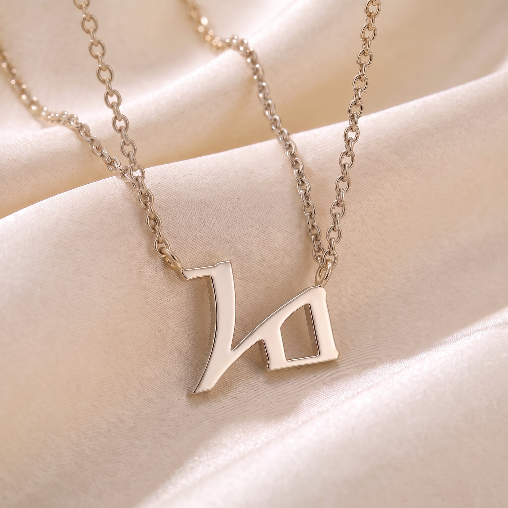 Glagolitic letter H (Hjer) pendant necklace in 9ct white gold on silk