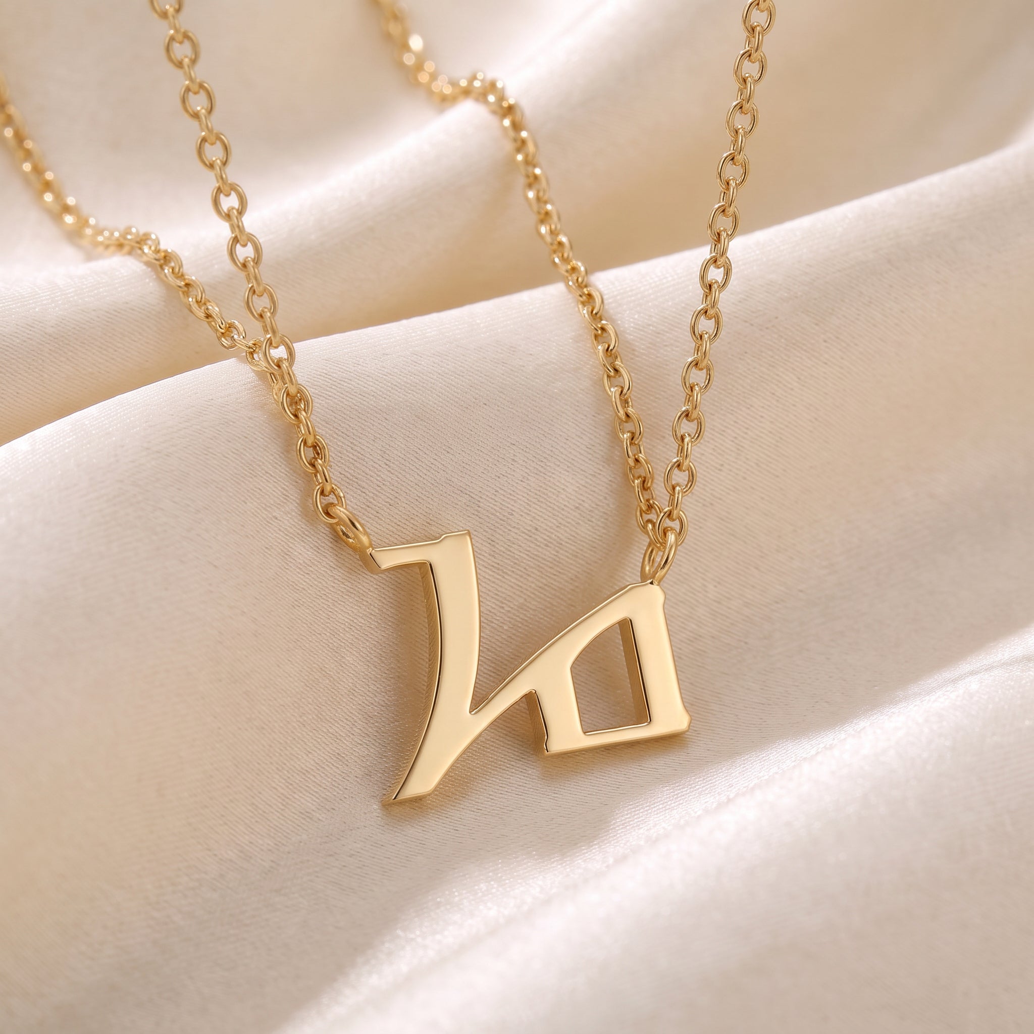 Glagolitic letter H (Hjer) pendant necklace in 9ct yellow gold on silk