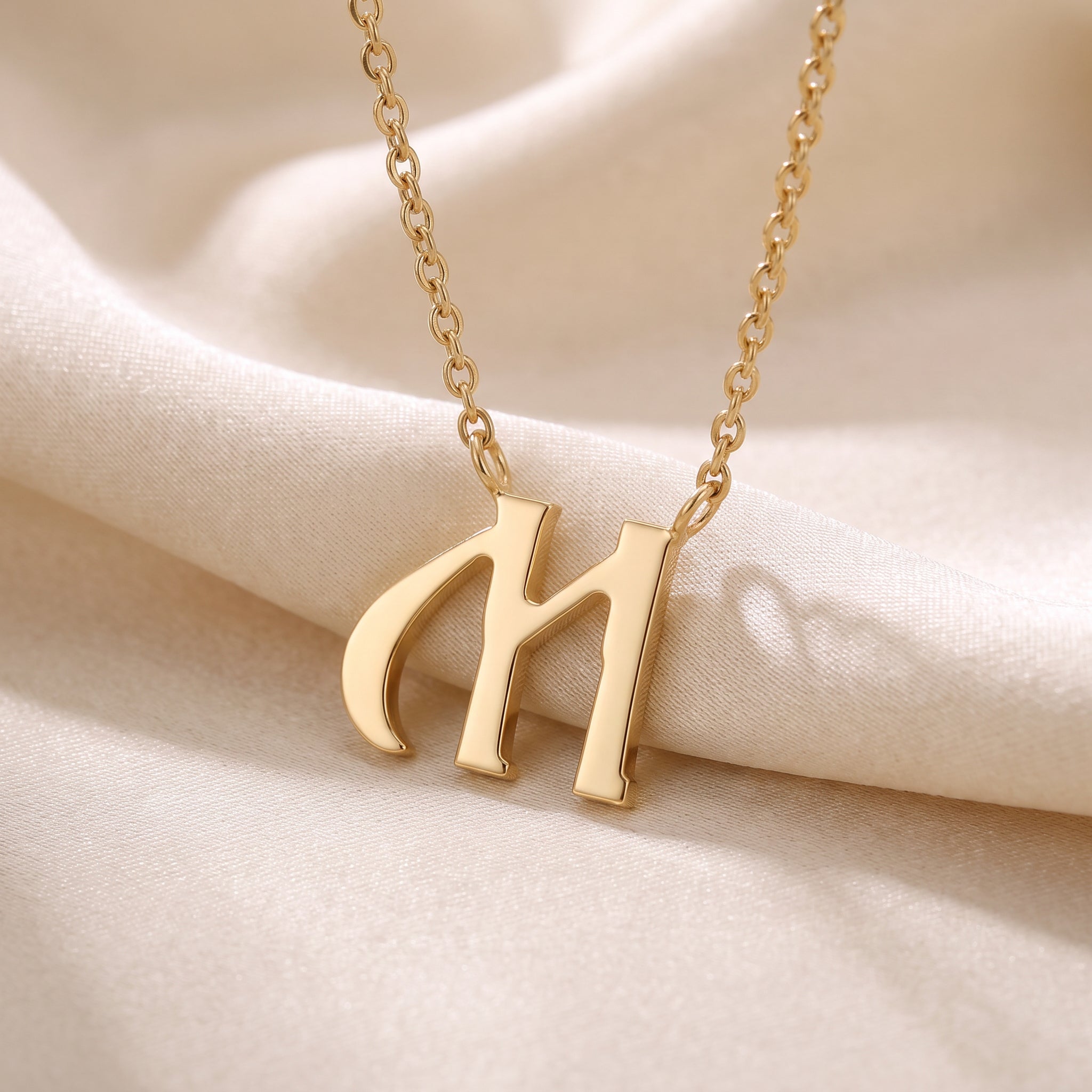 Glagolitic letter M (Myslite) pendant necklace in 9ct yellow gold on silk