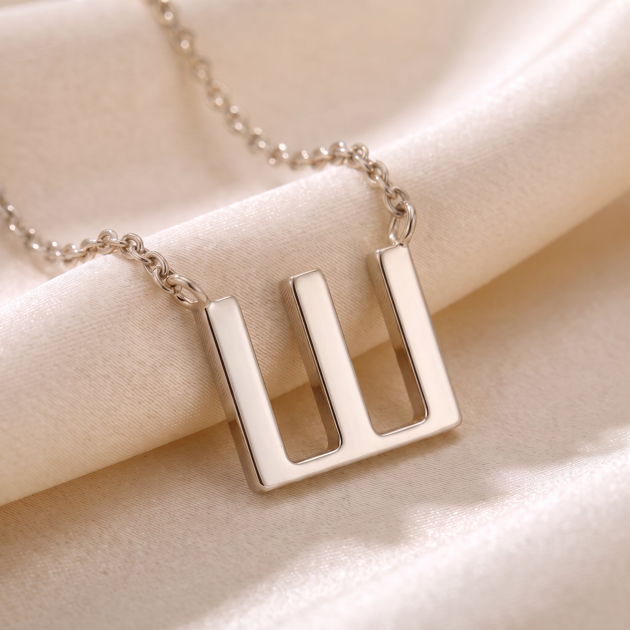 Glagolitic letter Š (Ša) pendant necklace in 9ct white gold on silk