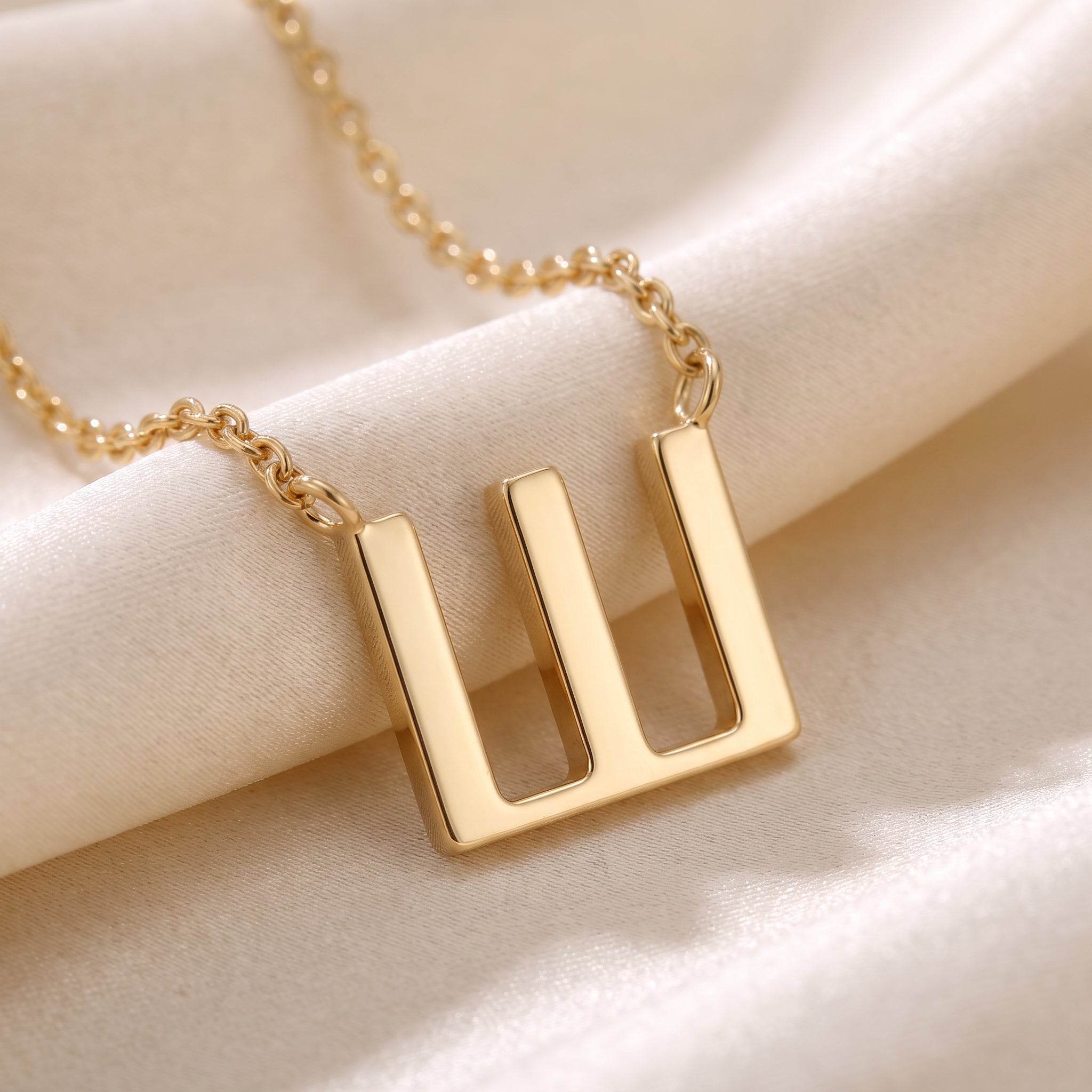 Glagolitic letter Š (Ša) pendant necklace in 9ct yellow gold on silk