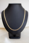 Handmade 4.5mm birdseye link chain in 9ct yellow gold on a display bust, front view