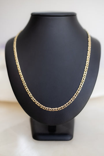 Handmade 4.5mm Birdseye link chain in solid 9ct yellow gold, 55cm, front view on a bust