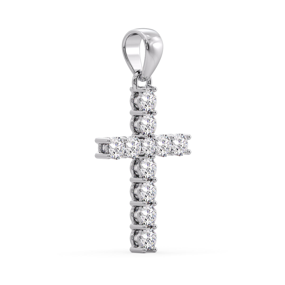 White gold diamond cross pendant at an angle, showing the four-claw settings