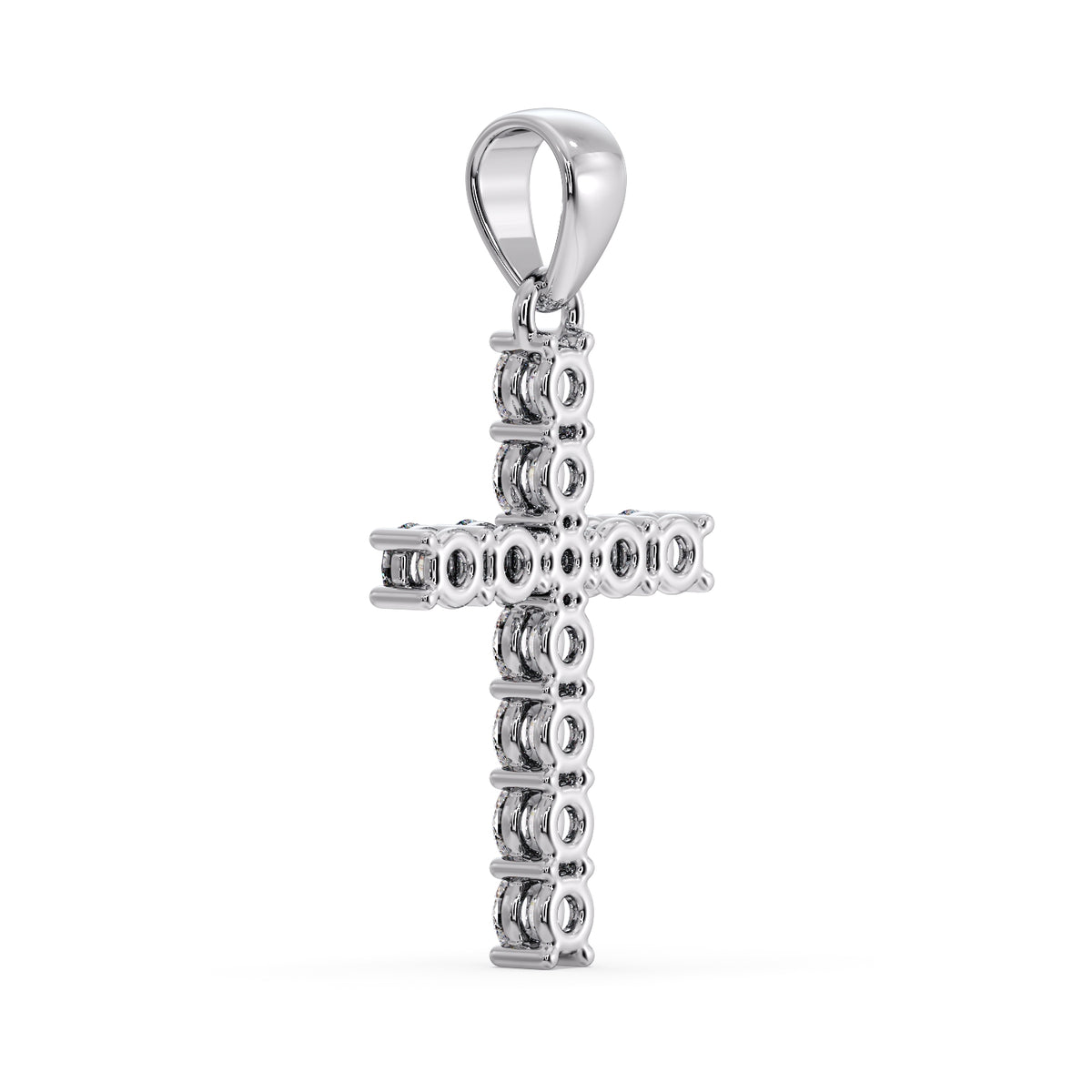 White gold diamond cross pendant from behind, showing the open settings