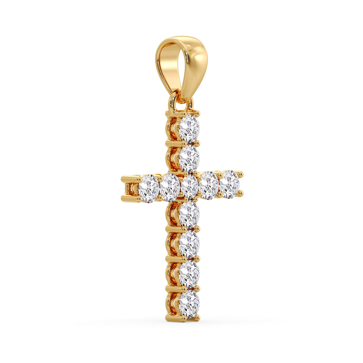 Yellow gold diamond cross pendant at an angle, showing the four-claw settings