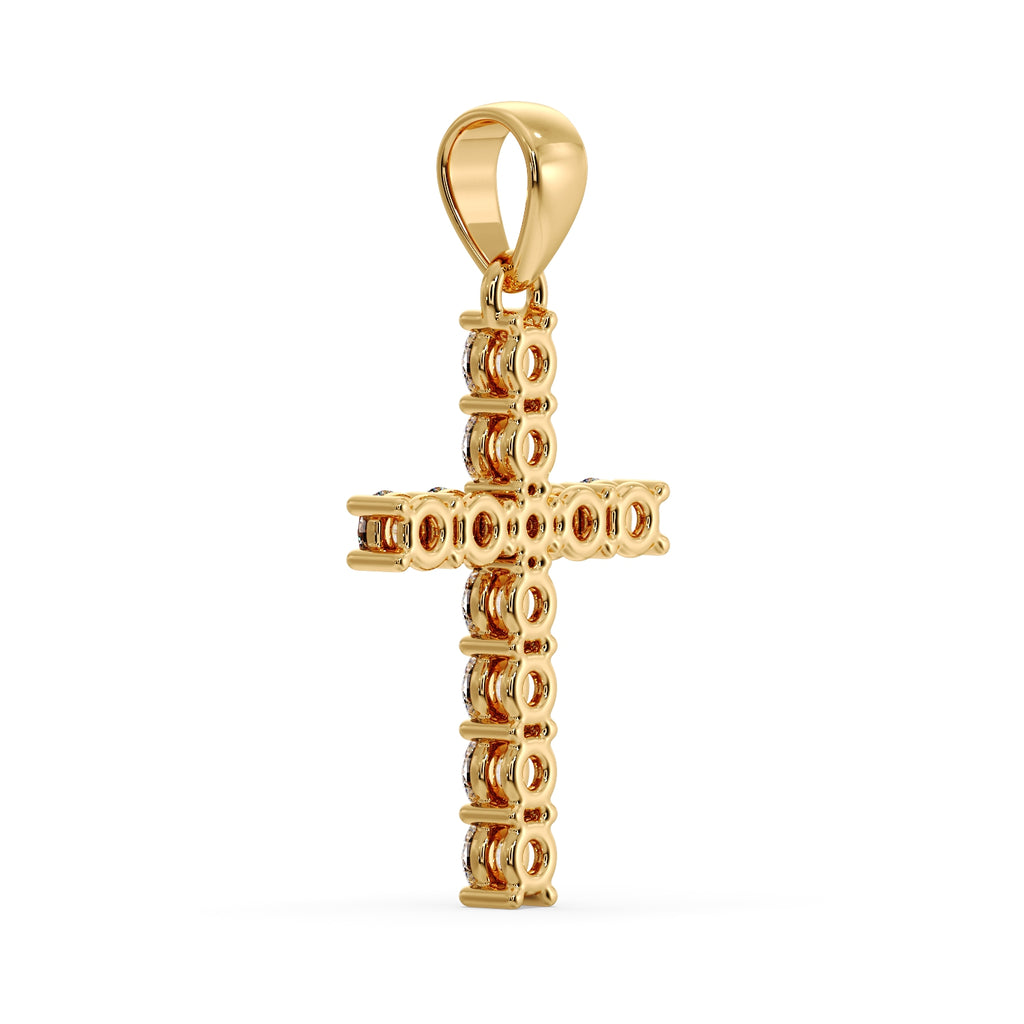 Yellow gold diamond cross pendant from behind, showing the open settings