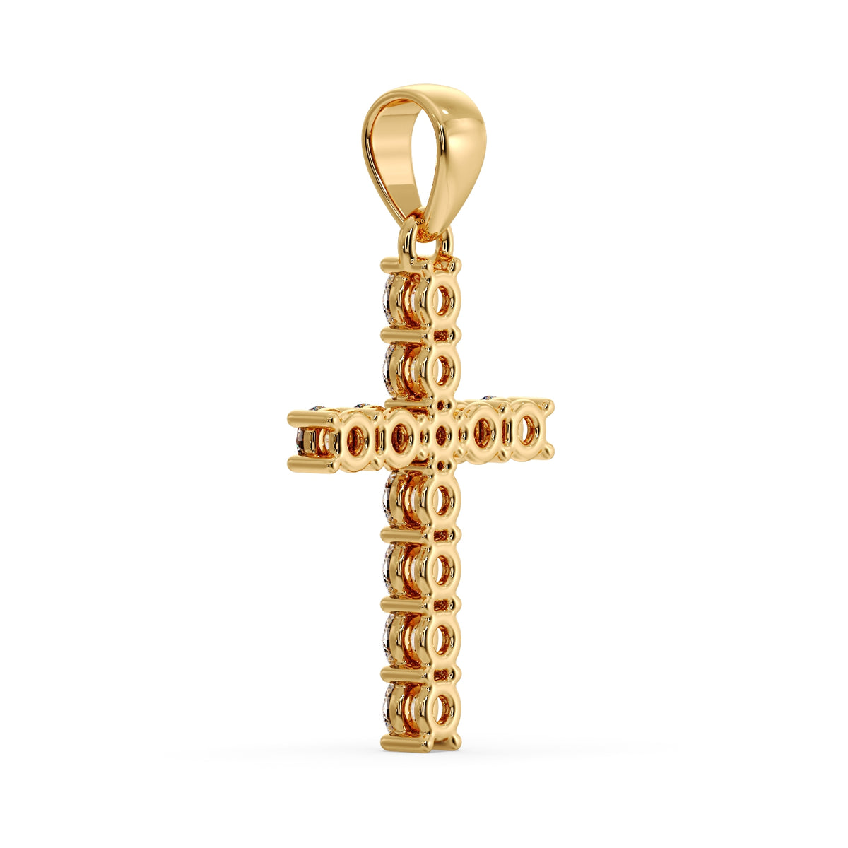Yellow gold diamond cross pendant from behind, showing the open settings