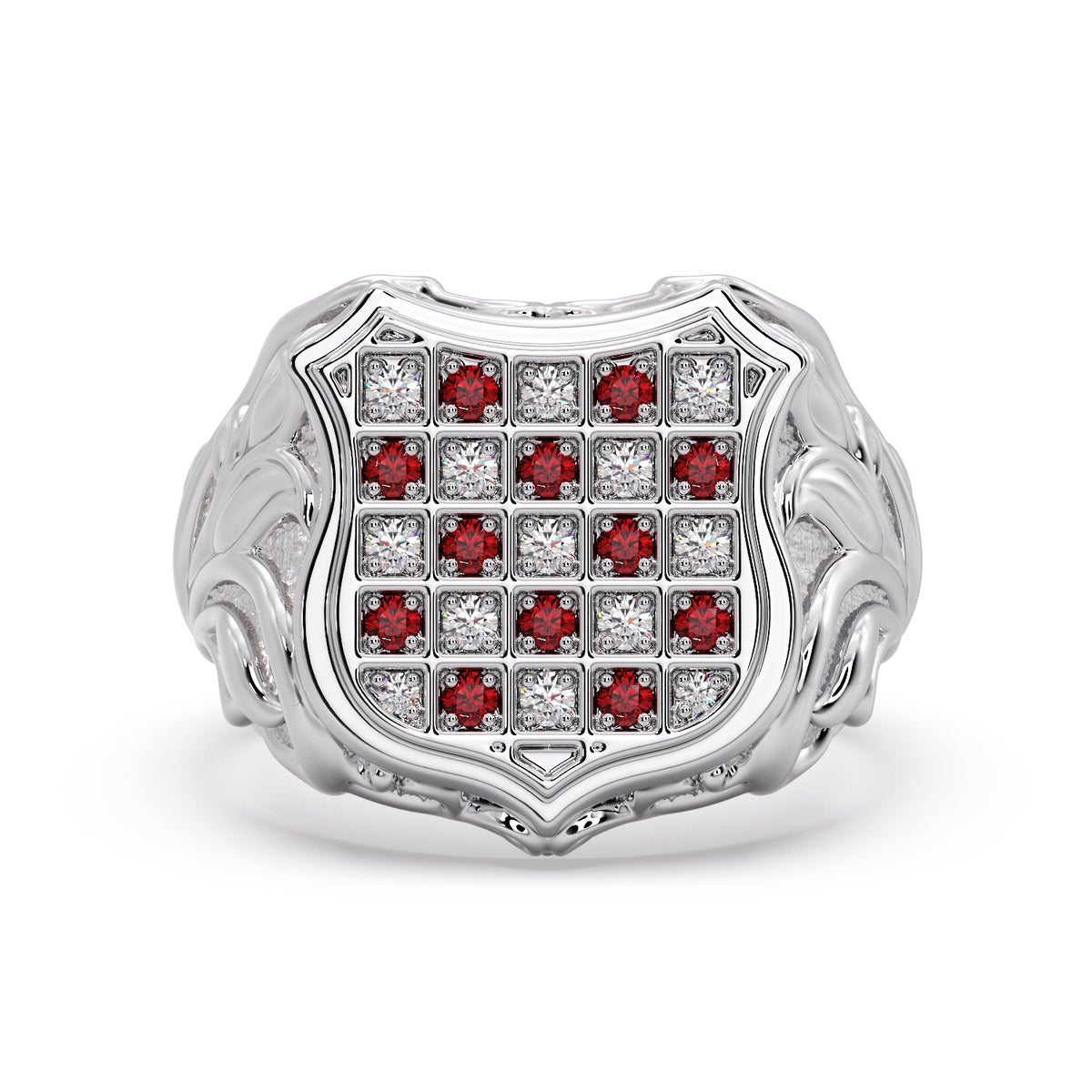 Men's Gold Diamond & Ruby Classic GRB Ring in 9ct white gold, front view of the Croatian coat of arms shield set with alternating diamonds and rubies