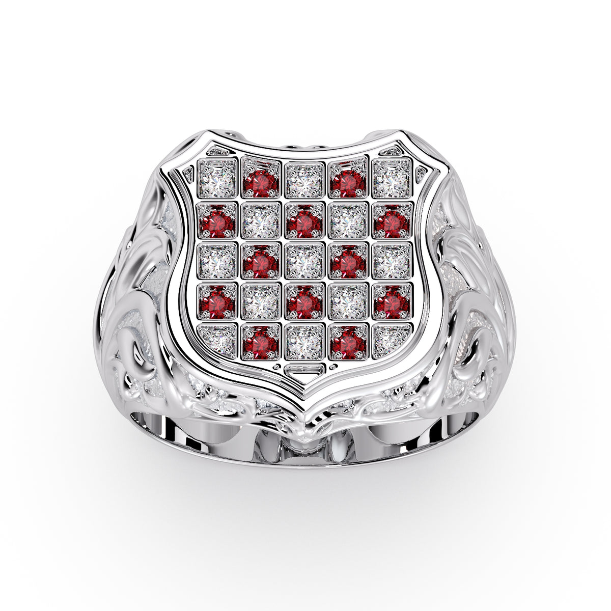 Men's Gold Diamond & Ruby Classic GRB Ring in 9ct white gold, raised view showing the carved scroll shoulders and diamond and ruby checkerboard