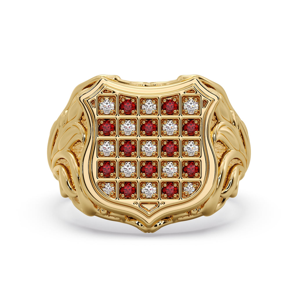 Men's Gold Diamond & Ruby Classic GRB Ring in 9ct yellow gold, front view of the Croatian coat of arms shield set with alternating diamonds and rubies