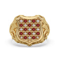 Men's Gold Diamond & Ruby Classic GRB Ring in 9ct yellow gold, front view of the Croatian coat of arms shield set with alternating diamonds and rubies
