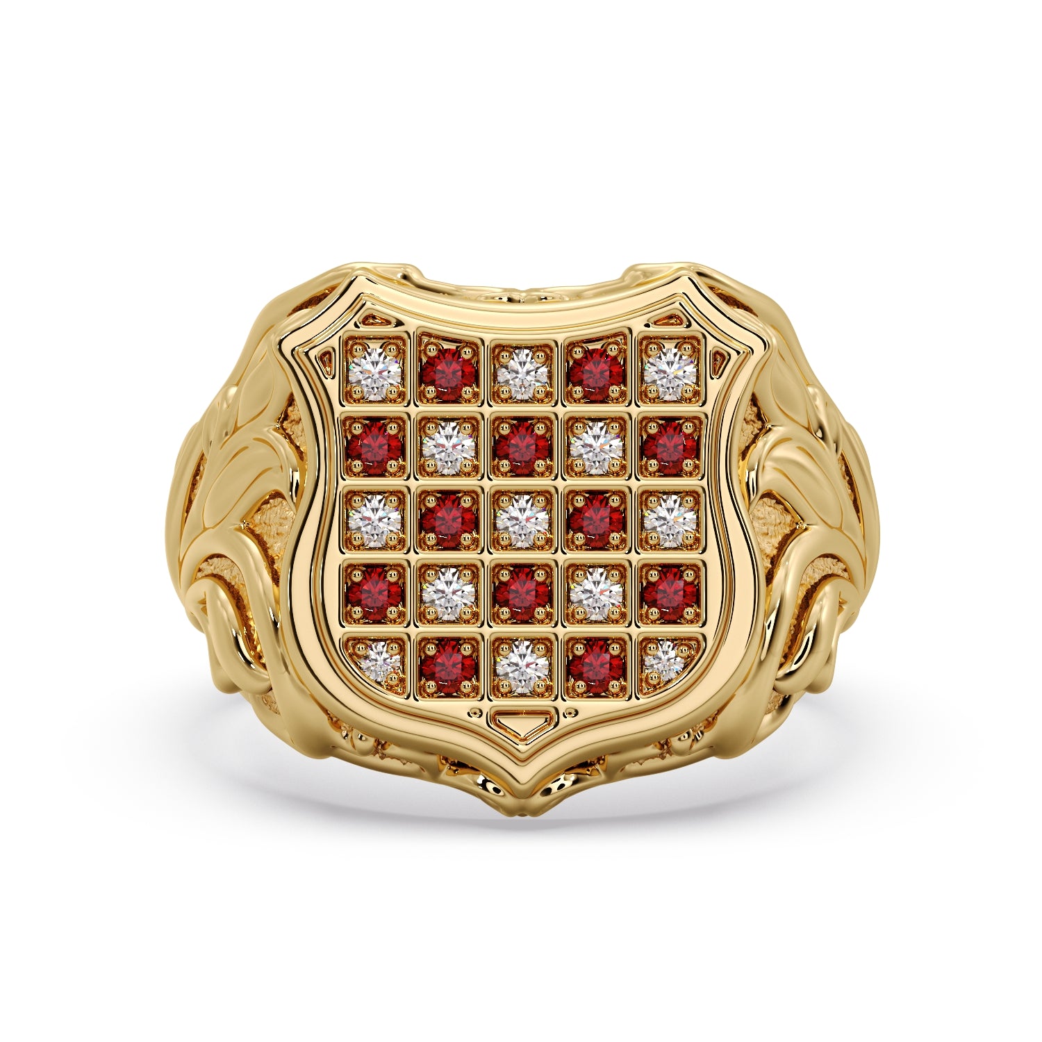 Men's Gold Diamond & Ruby Classic GRB Ring in 9ct yellow gold, front view of the Croatian coat of arms shield set with alternating diamonds and rubies