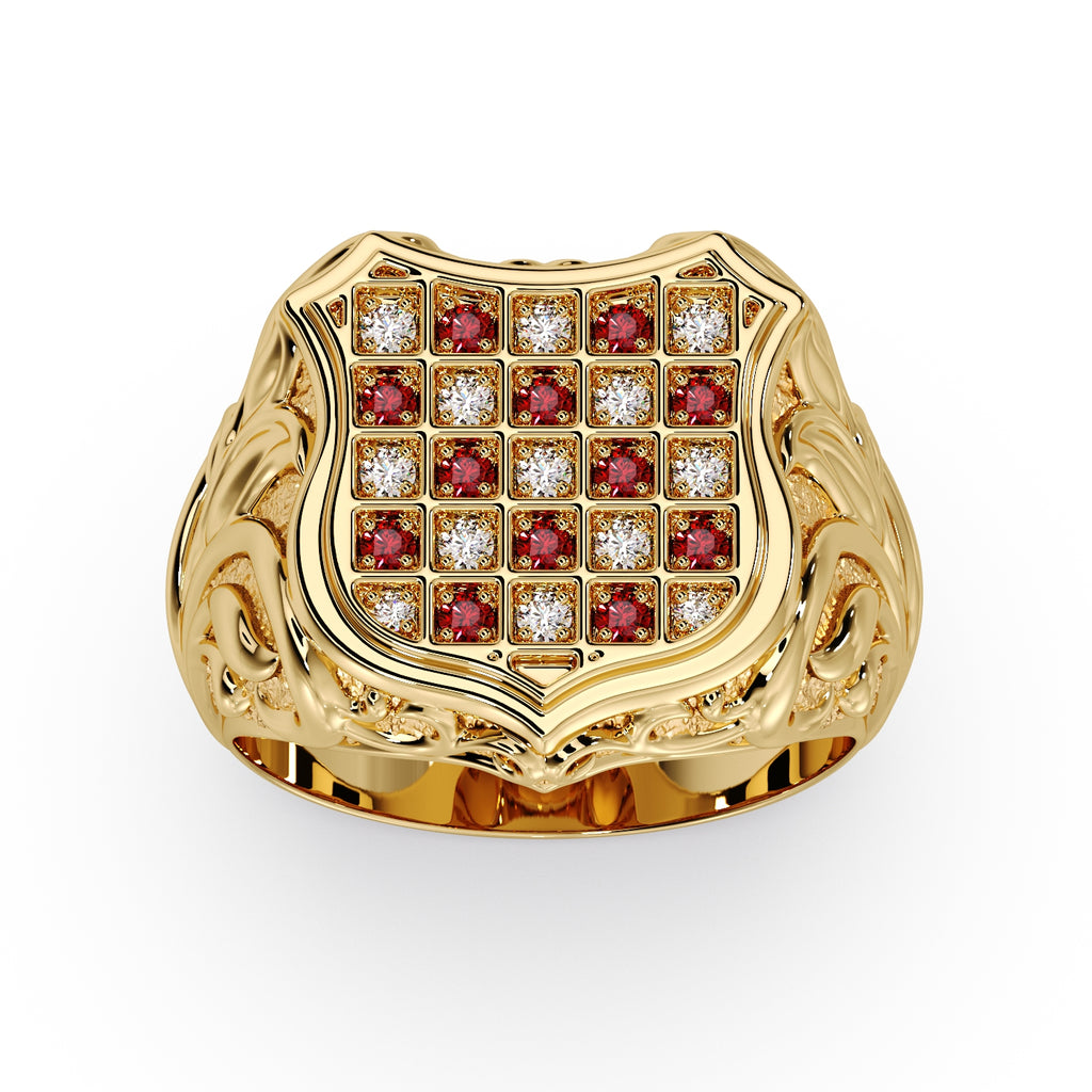 Men's Gold Diamond & Ruby Classic GRB Ring in 9ct yellow gold, raised view showing the carved scroll shoulders and diamond and ruby checkerboard