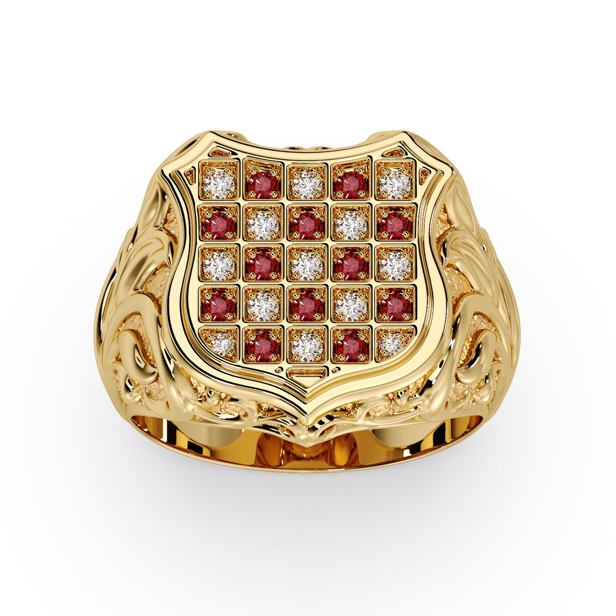 Men's Gold Diamond & Ruby Classic GRB Ring in 9ct yellow gold, raised view showing the carved scroll shoulders and diamond and ruby checkerboard