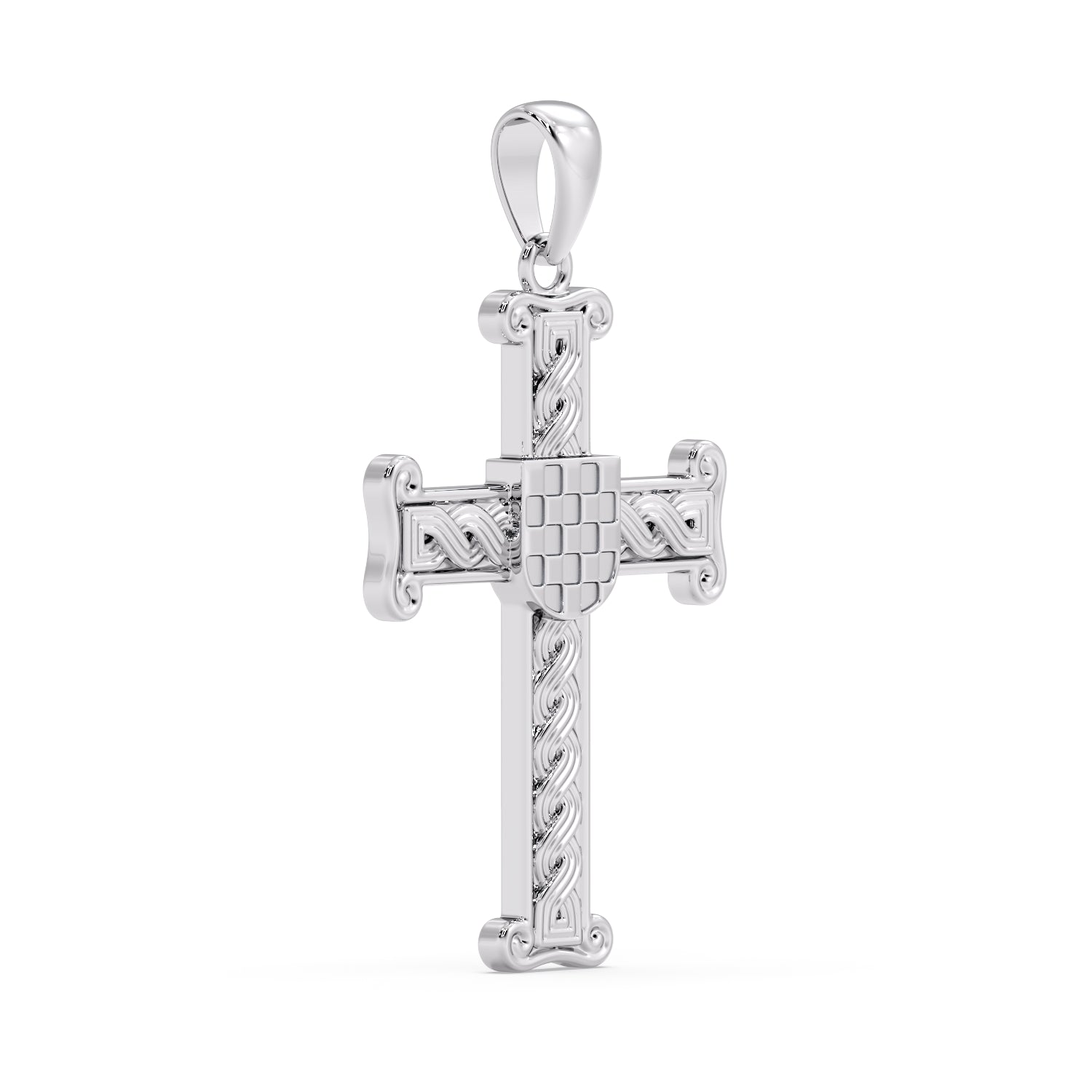 9ct white gold Croatian Pleter GRB cross pendant angled view