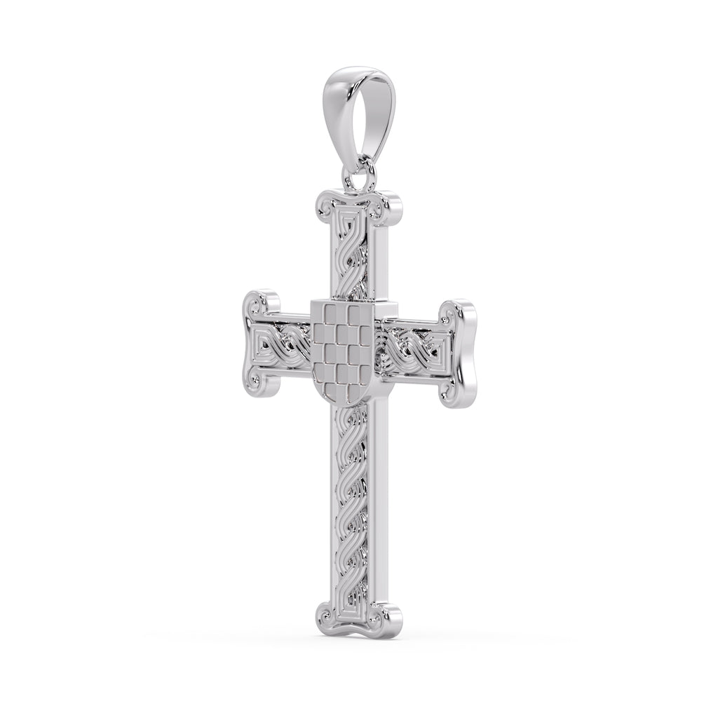 9ct white gold Croatian Pleter GRB cross pendant angled view, alternate angle